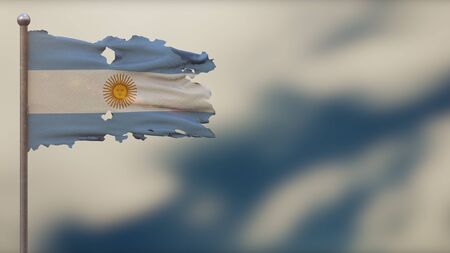 Argentina 3D tattered waving flag illustration on flagpole. Isolated on blurred sky background with space on the right side. Depth of Field effect.の写真素材