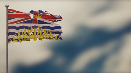 British Columbia 3D tattered waving flag illustration on flagpole. Isolated on blurred sky...