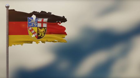 Saarland 3D tattered waving flag illustration on flagpole. Isolated on blurred sky background with space on the right side. Depth of Field effect.の写真素材