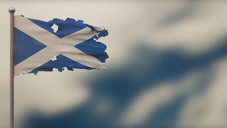 Scotland 3D tattered waving flag illustration on flagpole. Isolated on blurred sky background with space on the right side. Depth of Field effect.の写真素材