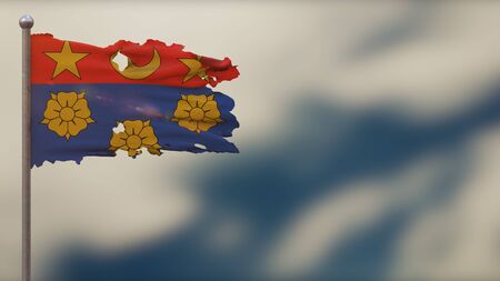 Drapeau Ville Ca Longueuil Quebec 3D tattered waving flag illustration on flagpole. Isolated on blurred sky background with space on the right side. Depth of Field effect.の写真素材
