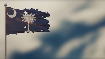 South Carolina 3D tattered waving flag illustration on flagpole. Isolated on blurred sky background with space on the right side. Depth of Field effect.の写真素材