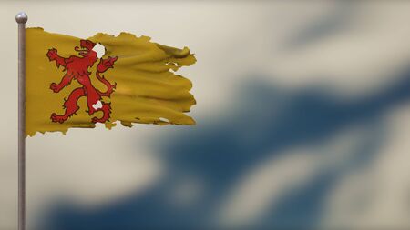 South Holland 3D tattered waving flag illustration on flagpole. Isolated on blurred sky background with space on the right side. Depth of Field effect.の写真素材