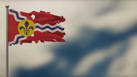 St. Louis Missouri 3D tattered waving flag illustration on flagpole. Isolated on blurred sky...