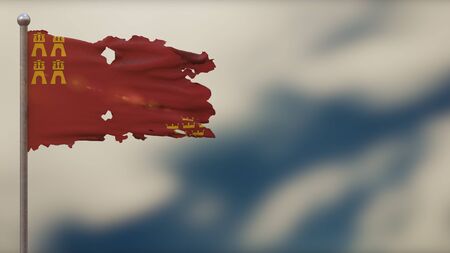 Murcia 3D tattered waving flag illustration on flagpole. Isolated on blurred sky background with space on the right side. Depth of Field effect.の写真素材