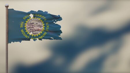 South Dakota 3D tattered waving flag illustration on flagpole. Isolated on blurred sky background with space on the right side. Depth of Field effect.の写真素材