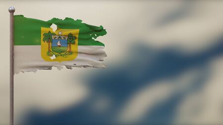 Rio Grande Do Norte 3D tattered waving flag illustration on flagpole. Isolated on blurred sky background with space on the right side. Depth of Field effect.の写真素材