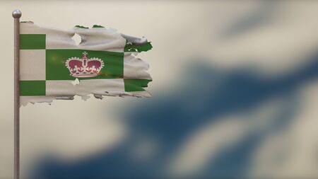 Charlottetown 3D tattered waving flag illustration on flagpole. Isolated on blurred sky background...