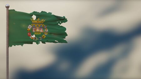 Sevilla 3D tattered waving flag illustration on flagpole. Isolated on blurred sky background with space on the right side. Depth of Field effect.の写真素材