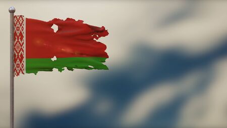 Belarus 3D tattered waving flag illustration on flagpole. Isolated on blurred sky background with space on the right side. Depth of Field effect.の写真素材