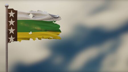 Orellana 3D tattered waving flag illustration on flagpole. Isolated on blurred sky background with space on the right side. Depth of Field effect.の写真素材