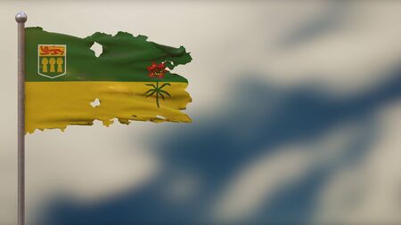Saskatchewan 3D tattered waving flag illustration on flagpole. Isolated on blurred sky background with space on the right side. Depth of Field effect.の写真素材