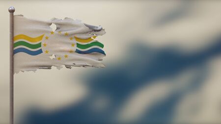 Los Rios_Chile 3D tattered waving flag illustration on flagpole. Isolated on blurred sky background with space on the right side. Depth of Field effect.の写真素材