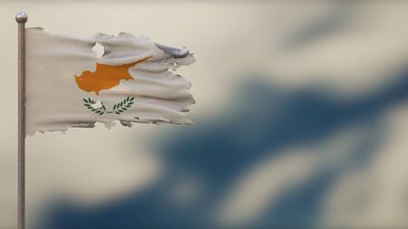 Cyprus 3D tattered waving flag illustration on flagpole. Isolated on blurred sky background with space on the right side. Depth of Field effect.の写真素材