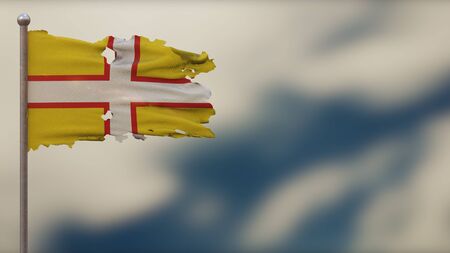 Dorset 3D tattered waving flag illustration on flagpole. Isolated on blurred sky background with space on the right side. Depth of Field effect.の写真素材