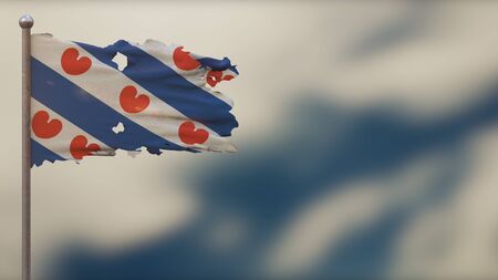 Frisian Flag 3D tattered waving flag illustration on flagpole. Isolated on blurred sky background with space on the right side. Depth of Field effect.の写真素材