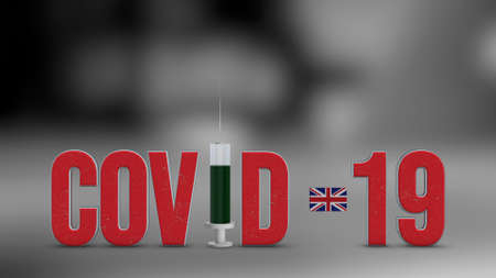 United Kingdom vaccination campaign illustration. Red 3D COVID-19 text rendering.の写真素材