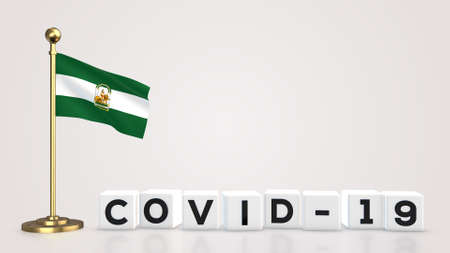Andalusia realistic flag illustration. White 3D COVID-19 cube text rendering.の写真素材