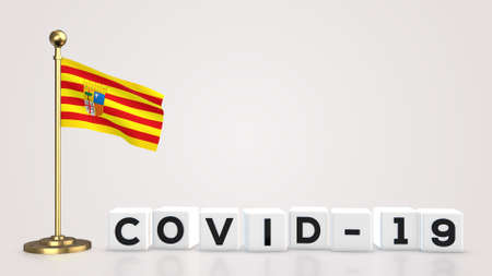 Aragon realistic flag illustration. White 3D COVID-19 cube text rendering.の写真素材
