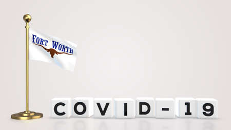 Fort Worth Texas realistic flag illustration. White 3D COVID-19 cube text rendering.の写真素材