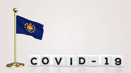 Lieutenant-Governor Of New Brunswick realistic flag illustration. White 3D COVID-19 cube text rendering.の写真素材