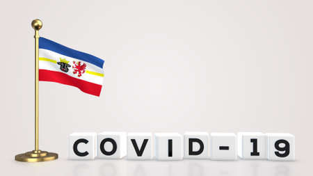 Mecklenburg-Western Pomerania realistic flag illustration. White 3D COVID-19 cube text rendering.の写真素材