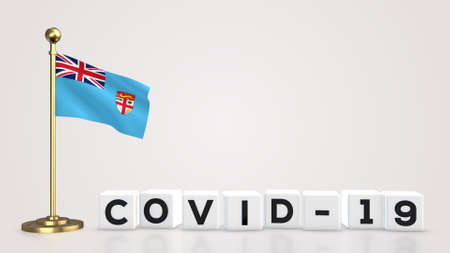 Fiji realistic flag illustration. White 3D COVID-19 cube text rendering.の写真素材