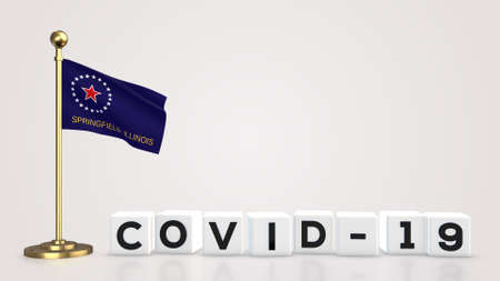 Springfield Illinois realistic flag illustration. White 3D COVID-19 cube text rendering.の写真素材
