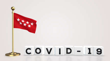 Madrid realistic flag illustration. White 3D COVID-19 cube text rendering.の写真素材