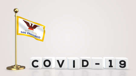 San Francisco realistic flag illustration. White 3D COVID-19 cube text rendering.の写真素材
