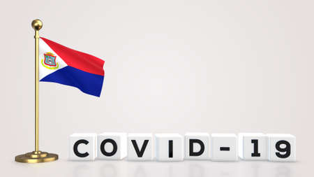 Sint Maarten realistic flag illustration. White 3D COVID-19 cube text rendering.の写真素材