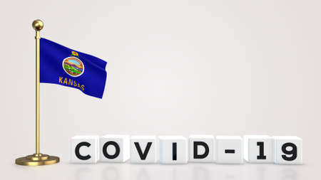 Kansas realistic flag illustration. White 3D COVID-19 cube text rendering.の写真素材