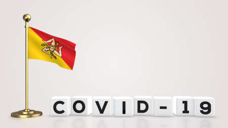 Sicily realistic flag illustration. White 3D COVID-19 cube text rendering.の写真素材