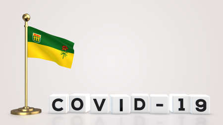 Saskatchewan realistic flag illustration. White 3D COVID-19 cube text rendering.の写真素材