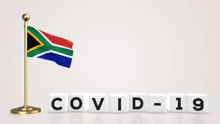 South Africa realistic flag illustration. White 3D COVID-19 cube text rendering.の写真素材