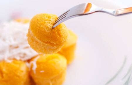 Toddy palm cake topped with coconut close up image.