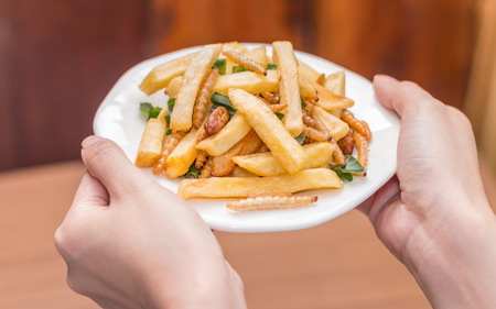 Insects food - Hand holding wood worm fried Insects with Potatoes in a spoon and there is hamburger,...