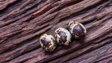 Quail eggs - Small quail eggs on old brown wooden surface background, selective focus.