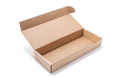 Cardboard box opened empty isolated on white background. The brown parcel cardboard box for packages...