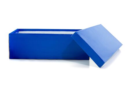 Blue open shoe box  on white background.    in both objects.