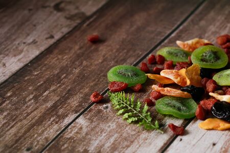 Close-up, Mixed dried food in a wooden background with copy space, Selective focusの写真素材