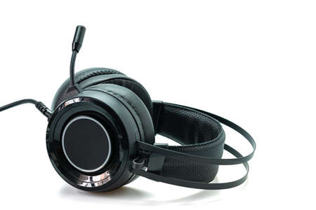 High-quality black headphones on a white background.の写真素材