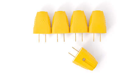 Yellow electric connect plugs isolated on white background with copy space for text.