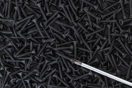 Close-up of black steel screws and screwdriver used for background, Top view.