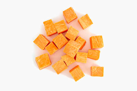 Potato cubes on white background. Selective focus. Top view. Close-upの写真素材