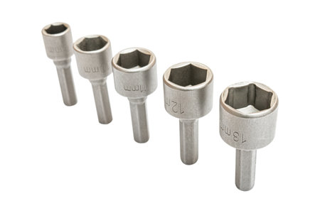 Set of interchangeable hexagonal sockets of different shapes and sizes for screwdriver or nut driver