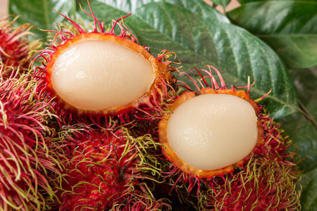 Fresh rambutan fruit with green leaves,  Rambutan is a fruit considered exotic with a sweet juicy...