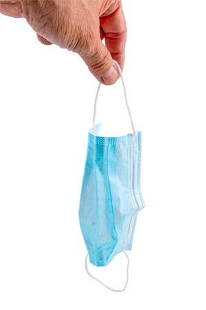 Hand holding Blue and Red Medical masks to prevent disease, Coronavirus, Contaminated air, Flu, air...