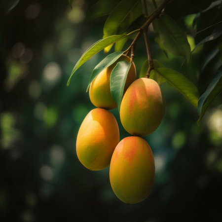 Ripe Mangoes Vibrant Photograph with Lush Green Foliageの素材