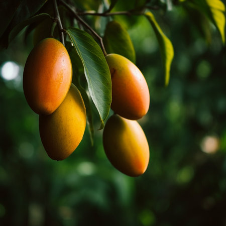 Ripe Mangoes Vibrant Photograph with Lush Green Foliageの素材